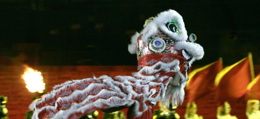 The Dragon from the Military Band of the Chinese People's Liberation Army participates in a full dress rehearsal for the Edinburgh Military Tattoo at the Sydney Football Stadium