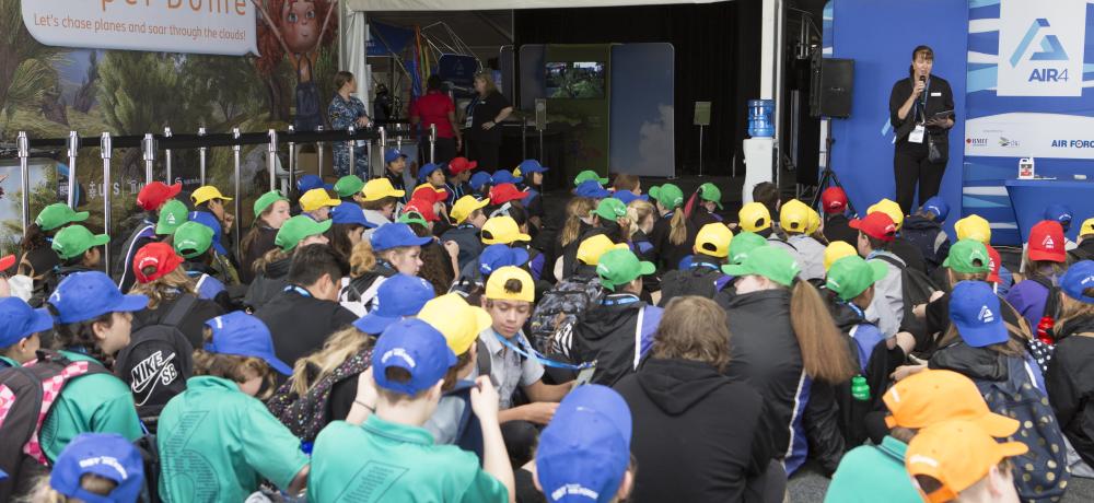 Royal Melbourne Institute of Technology University Professor Regina Crameri addresses students visiting the Australian International Airshow as part of the Jericho STEM kids engagement program.