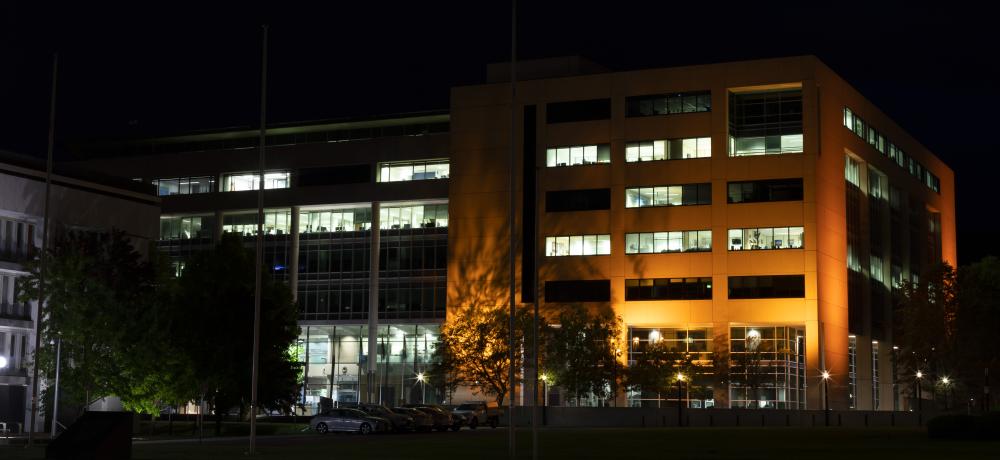 Russell Offices is bathed in orange light as part of Harmony Week celebrations in Canberra, ACT.