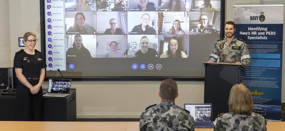 Chief Petty Officer Maritime Personnel Manager Renee Thorpe (left) and Petty Officer Maritime Personnel Supervisor Kieran Wagner (right) conduct a remote learning module from HMAS Cerberus, during the first Senior Maritime Personnel Operator's Course to be delivered via distance learning.