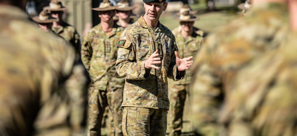 Commanding Officer of 6th Battalion, Royal Australian Regiment, Lieutenant Colonel Richard Niessl addresses members of Rifle Company Butterworth Rotation 133 at Gallipoli Barracks, Brisbane.