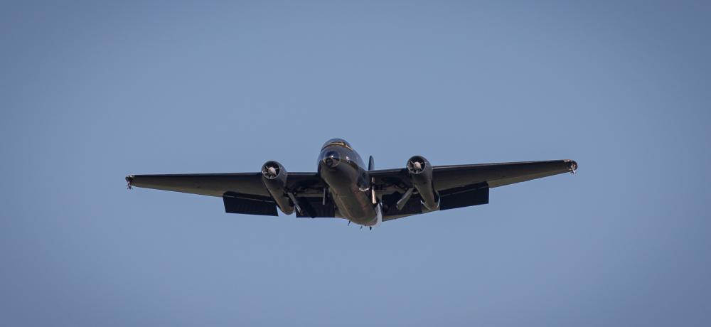 A No. 100 Squadron English Electric Canberra Bomber TT heritage aircraft flying over the Temora Aviation Museum during its maiden voyage under Royal Australian Air Force custodianship.
