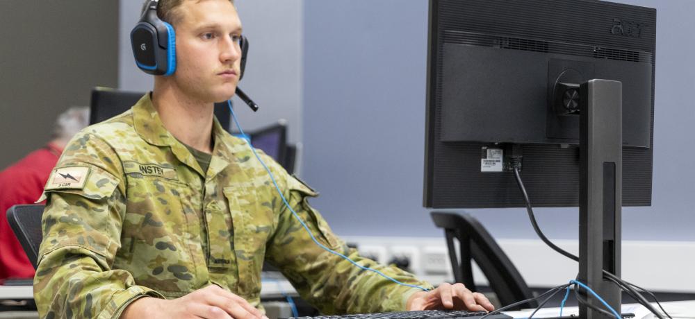 Australian Army Craftsman Sheldon Anstey from the 3rd Combat Signal Regiment conducts his summative assessment for the Royal Australian Electrical and Mechanical Engineers Subject Two for Corporal Course at the Ralph Honner Simulation Centre, Lavarack Barracks, Queensland.