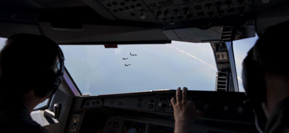 two United States Air Force B-1 Lancer bomber aircraft fly in formation over the Northern Territory.