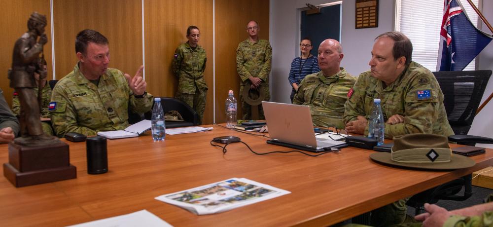 Regimental Sergeant Major Warrant Officer Class 1 Allan Ashman asks a question of Major General David Thomae AM Commander of the 2nd Division, during a townhall meeting with soldiers and staff at the 8th/7th Battalion, Royal Victoria Regiment Headquarters Ranger Barracks in Ballarat, Victoria.