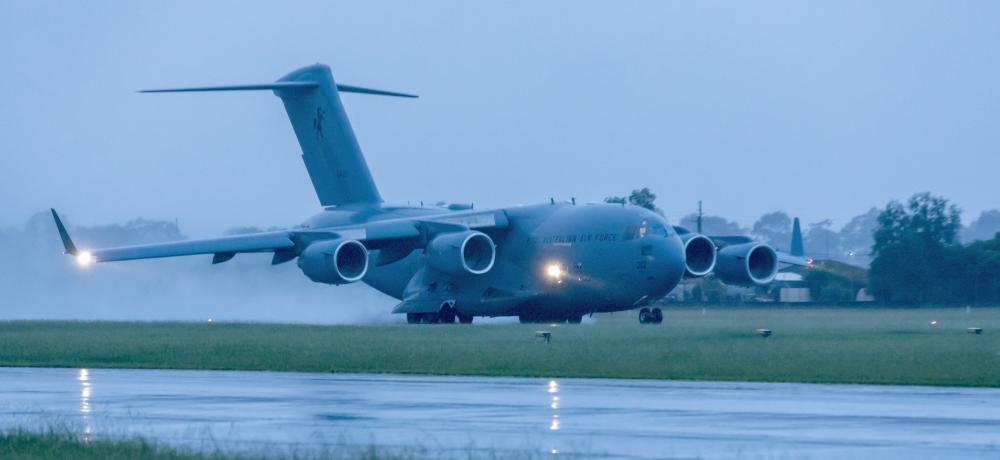 A Royal Australian Air Force C-17 Globemaster III aircraft prepares to depart RAAF Base Richmond in New South Wales loaded with military assistance bound for Ukraine.