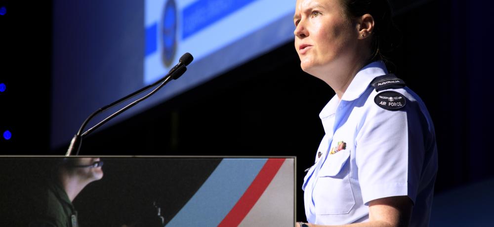 Royal Australian Air Force officer Squadron Leader Alice Paton addresses 2022 Air & Space Power Conference delegates at the National Convention Centre in Canberra, ACT.