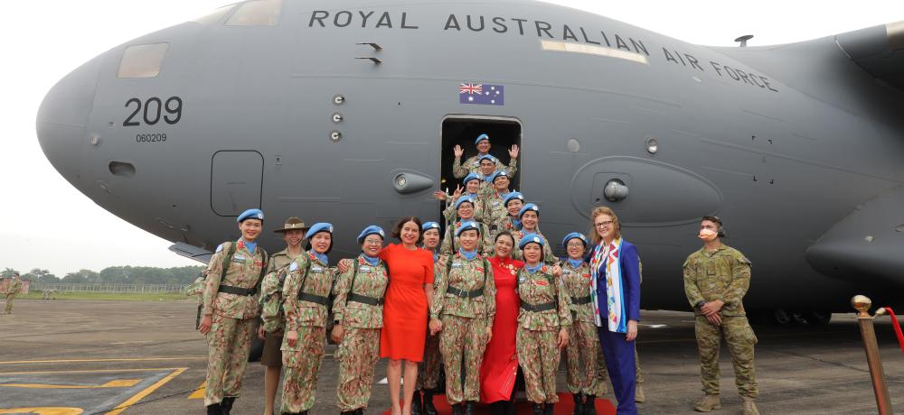 Australian Ambassador to Vietnam, Ms Robyn Mudie (centre left), and Ms Wiesen-Antin (right), United Nations Acting Resident Coordinator for Vietnam, farewell female Vietnamese peacekeepers in Hanoi, Vietnam, deploying to the United Nations mission in South Sudan prior to them boarding a Royal