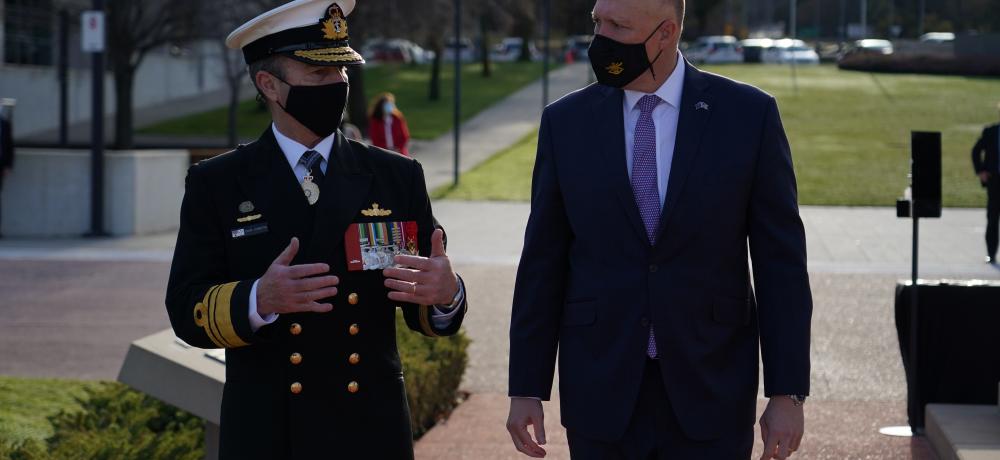 Vice Chief of the Defence Force, Vice Admiral David Johnston AO, RAN, with Minister for Defence the Hon Peter Dutton MP at the Australian-American Memorial in commemoration of the 70th Anniversary of ANZUS in Canberra on September 1, 2021