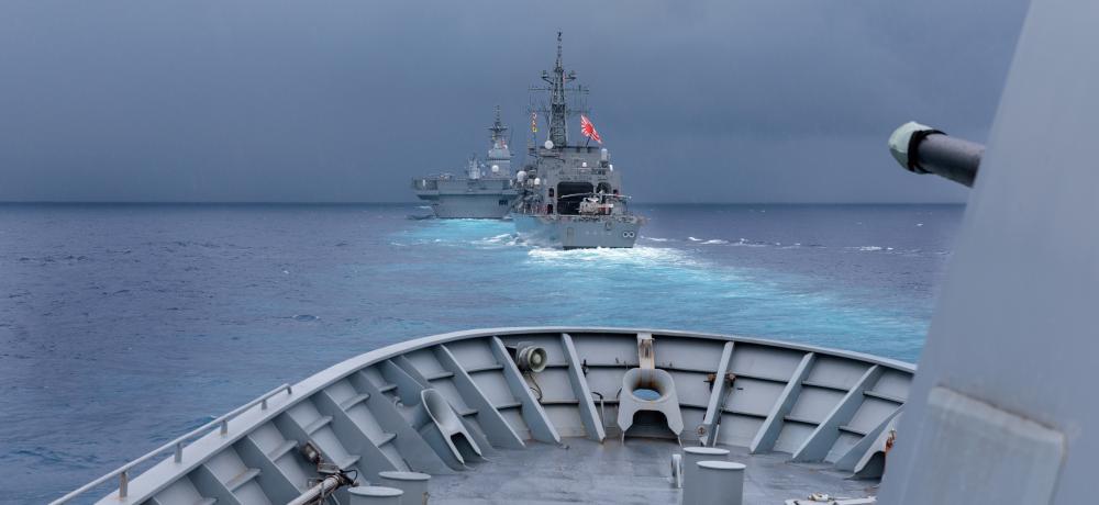 HMAS Anzac sails in company with Japanese Ships Samidare (right) and Izumo during Indo-Pacific Endeavour 2023.