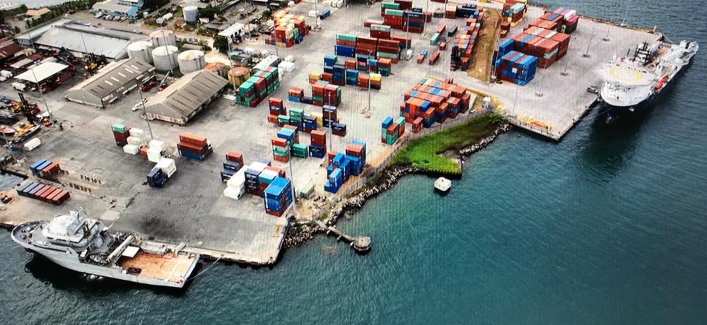 French Naval Ship D’Entrecasteaux (foreground) and Australian Defence Vessel Reliant berthed at the International Wharf in Honiara.