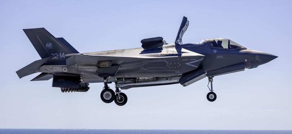 An Italian Navy F-35B Lightning II conducts a VIP capability display from the ITS Cavour as part of Exercise Pitch Black 24.
