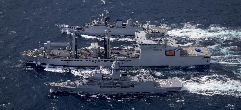 HMAS Stuart conducts a Replenishment at Sea with Indian Navy Ships Shakti and Kadmatt as part of Exercise MALABAR 24 