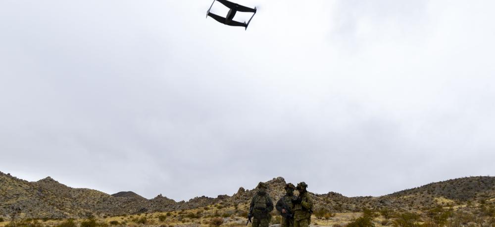Unmanned Aerial Vehicle, or drone, as part of the 'Hyper-Teaming' experiment at Project Convergence Capstone 5, at Fort Irwin, California.