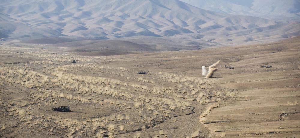A bomb dropped by an A-29 Super Tucano strikes its target during a Tactical Air Coordinators exercise near Kabul, Afghanistan.