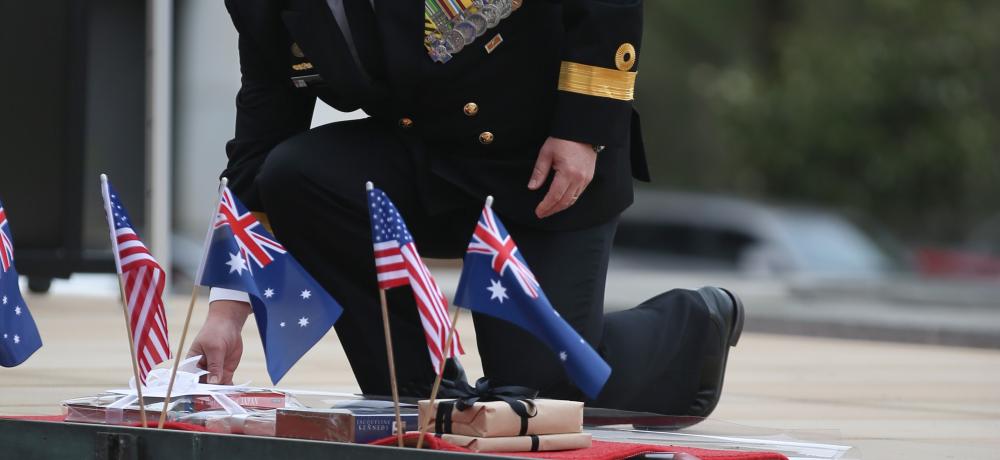 Commodore Eric Young, CCS, RAN representing Chief of Navy laid a history book at the Battle of the Coral Sea commemoration service at the Australian-American memorial in Canberra on 10 May 2024.