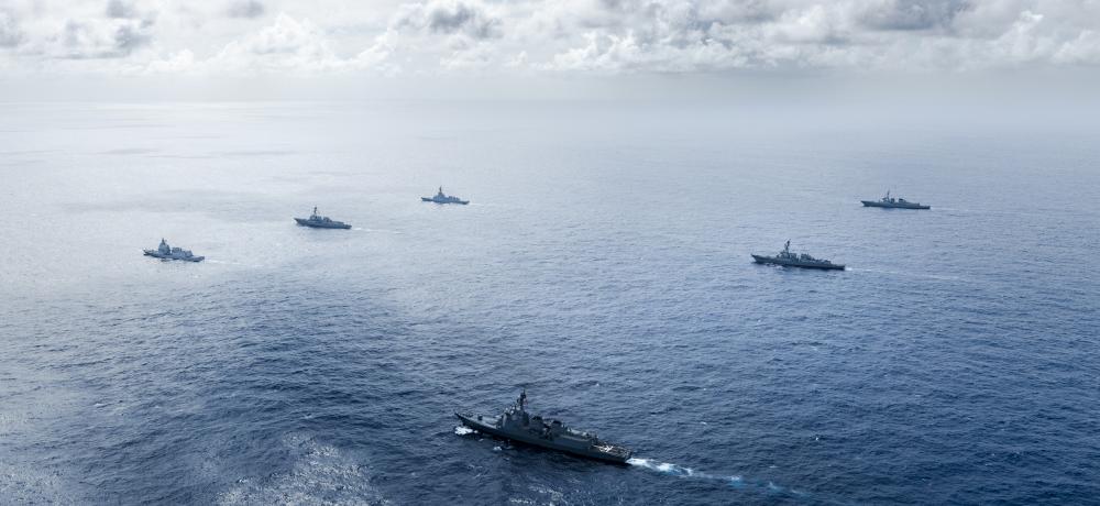 Navy ships from Australia, Italy, Japan, South Korea and the United States sail in formation during Exercise Pacific Dragon 2024.