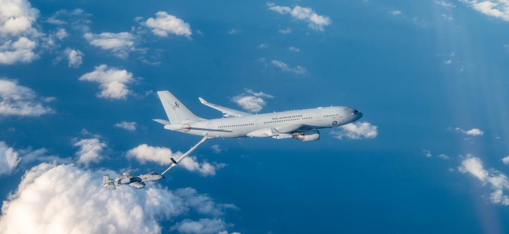 A United States Air Force (USAF) A-10C Thunderbolt II (also known as a Warthog) behind a Royal Australian Air Force (RAAF) KC-30A Multi-Role Tanker Transport (MRTT) during air-to-air refuelling at Exercise Freedom Flag 24-1.