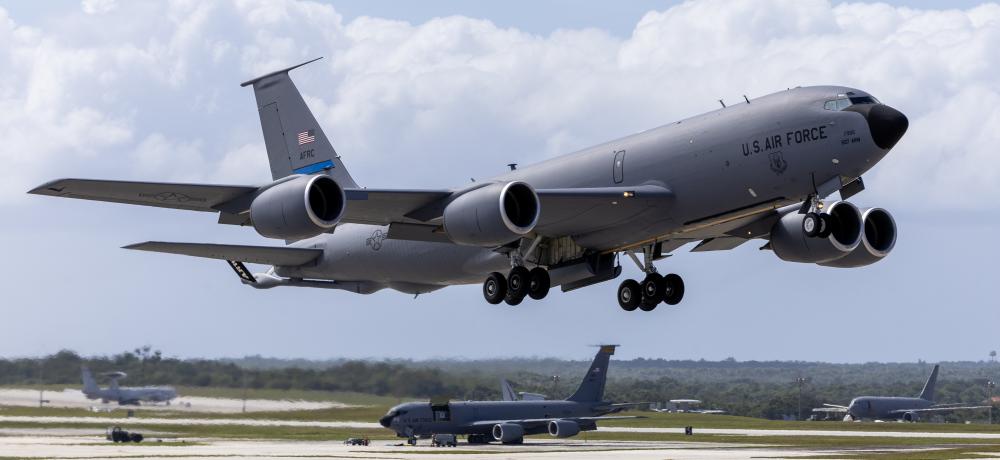 A United States Air Force KC-135 Stratotanker aircraft departs during Exercise Cope North 25, Andersen Air Force Base, Guam.