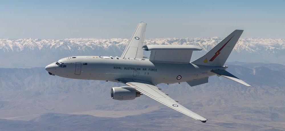 A Royal Australian Air Force No. 2 Squadron E-7A Wedgetail aircraft prepares to be air-to-air refuelled by a United States Air Force KC-46 Pegasus aircraft, during air-to-air refuelling clearance trials with the United States Air Force, at Edwards Air Base.