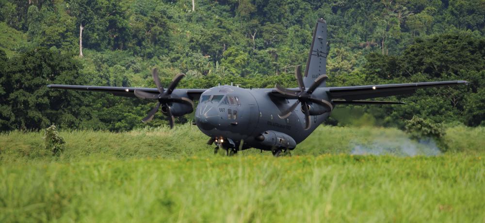 A RAAF 35 Squadron C-27J Spartan aircraft comes in to land at Bauerfield International Airport, Port Vila, Vanuatu during Operation Rai Balang 2024.