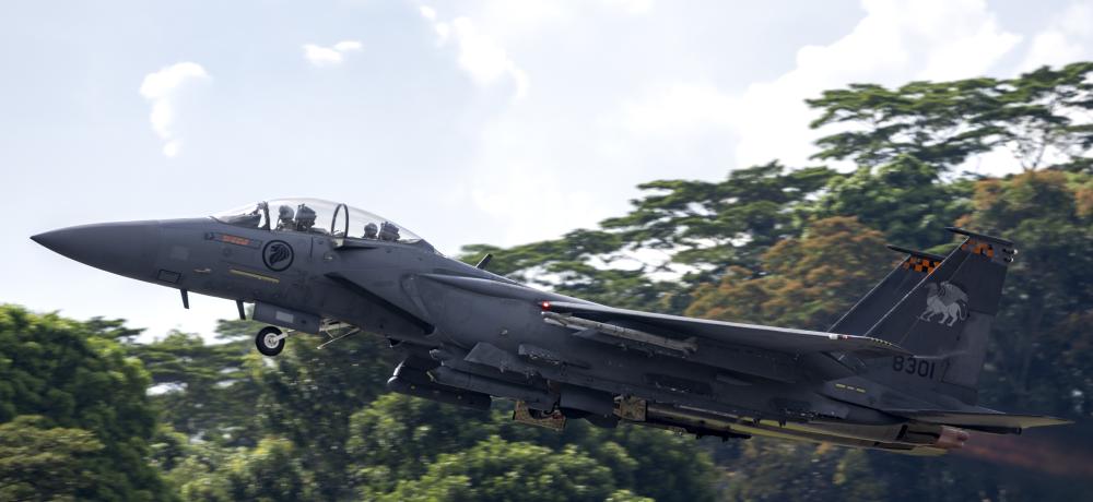 Singaporean Air Force F-15SG Fighter Jet departs on a sortie, during Exercise Bersama Lima 2024 in Singapore.