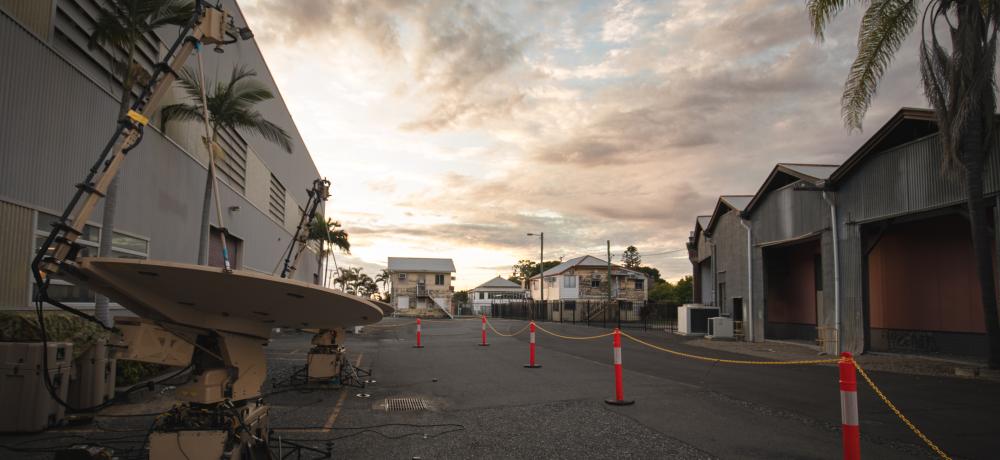 Australian Defence Satellite Transportable Land Terminals (STLT) engineered by 145 Signal Squadron, to support 9th Force Support Battalion for the use of defence data terminals, at the Rockhampton Railyards during the South Queensland Warfighter 2024.