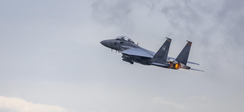 Singapore Air Force F-15SG Fighter Jet departs on a sortie, during Exercise Bersama Lima 2024 in Singapore.