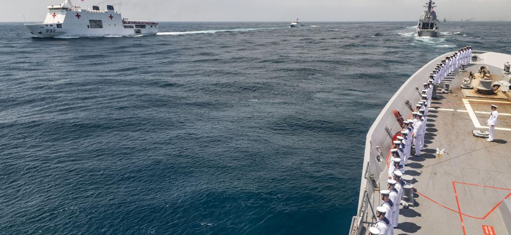 Personnel from HMAS Hobart prepare to salute Indonesian Navy Hospital Ship Dr Radjiman W.-992, during the Indonesian International Fleet Review 2025, off the coast of Bali, Indonesia.
