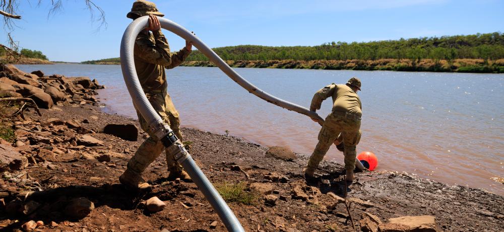 Australian Army soldiers from 1st Combat Engineer Regiment extract water for desalination and purification from Victoria River in the Northern Territory during Exercise Talisman Sabre 2025.