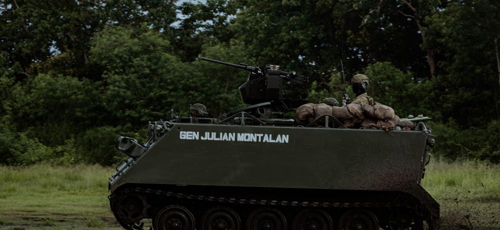 A Philippine Army M113A2 armoured personnel carrier conducts a live firing serial at Fort Magsaysay in the Philippines during Exercise ALON 25.