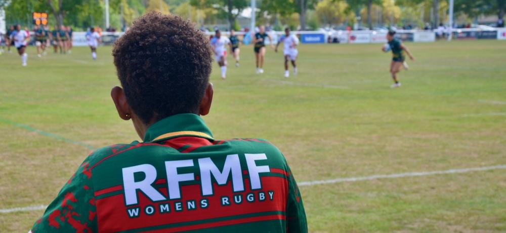Players from the Australian Defence Force and Royal Fijian Military Forces compete in a championship round of the Women's International Defence Rugby Competition in Aldershot, UK.