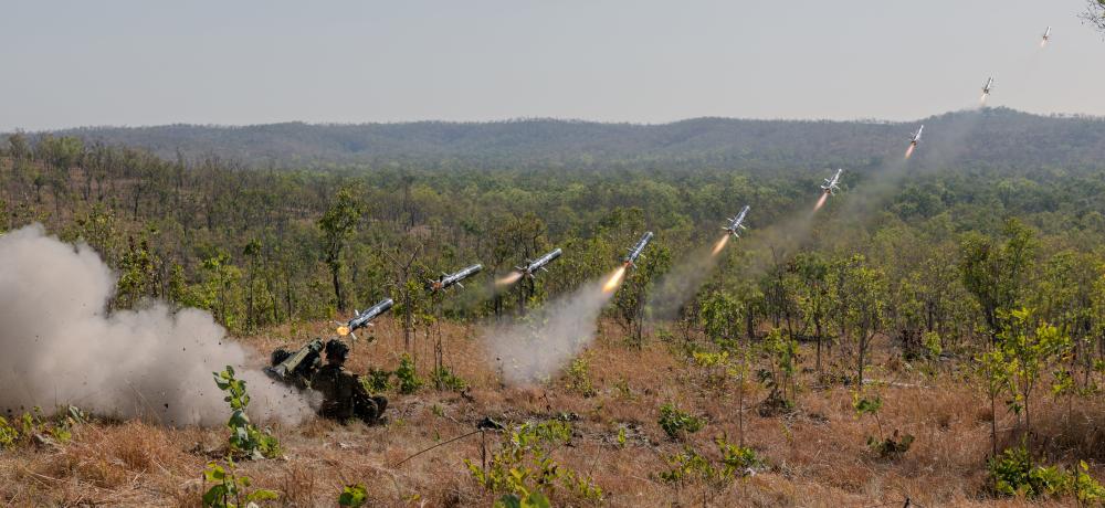 Javelin FGM-148 anti-tank guided missile (ATGM) during the Direct Fire Support Weapons Basic Course at Mount Bundey Training Area, Darwin. Image has been digitally altered - composite image.