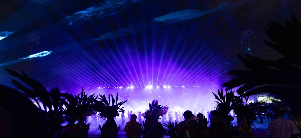 Local performers participate in the PNG 50th Anniversary Spectacular at Sir John Guise Stadium, Port Moresby, Papua New Guinea.