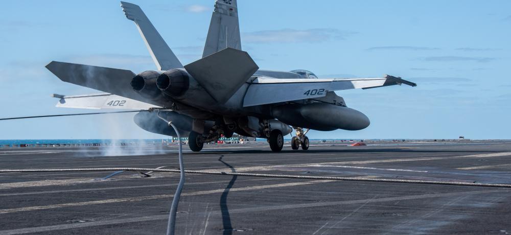 F/A-18E Super Hornet, attached to the Dambusters of Strike Fighter Squadron (VFA) 195, lands on the flight deck of the U.S. Navy’s only forward-deployed aircraft carrier, USS Ronald Reagan (CVN 76), during flight operations in support of Talisman Sabre 23