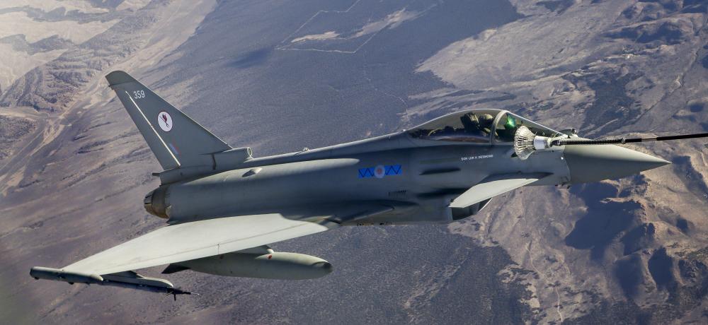 RAF Typhoon FGR4 during an air-to-air refuelling sortie with a Royal Air Force Voyager on Exercise Red Flag 2025.