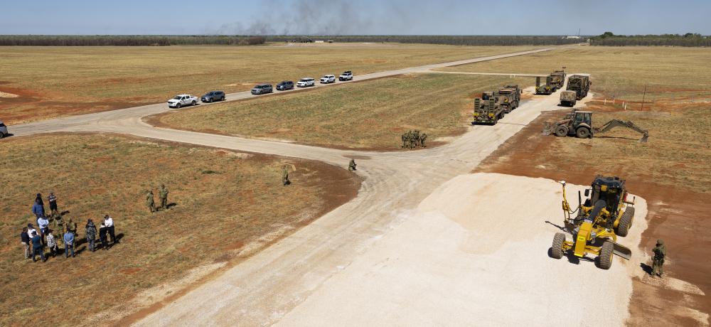 Australian Army soldiers from 13th Engineer Regiment conduct airfield maintenance at RAAF Base Curtin, Western Australia, during Exercise Austral Shield 2024. Mid Caption: