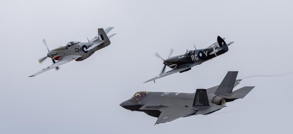 F-35A Lightning II, Mustang and Spitfire MK VIII.