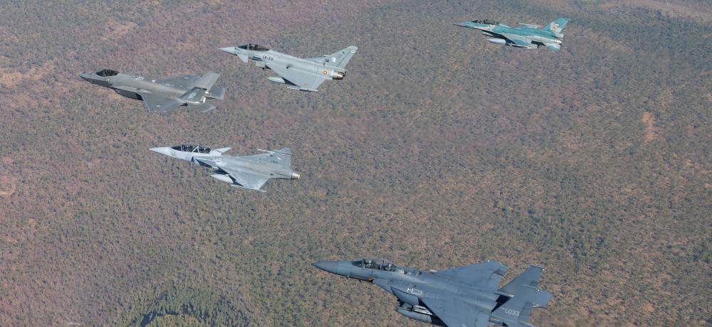 F-16D Fighting Falcon from Indonesian Air Force (Tentara Nasional Indonesia - Angkatan Udara, or TNI-AU); Spanish Air and Space Force Eurofighter Typhoon; Royal Australian Air Force F-35A Lightning II; Royal Thai Air Force JAS-39 Gripen D; and Republic of Korea Air Force F-15K Slam Eagle