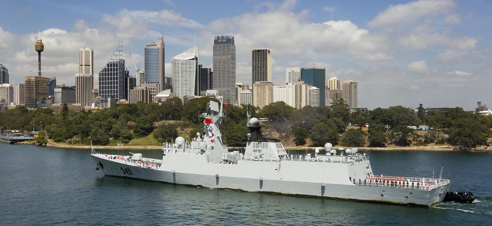 Chinese People's Liberation Naval ship, Chang Zhou, sails into Fleet Base East.