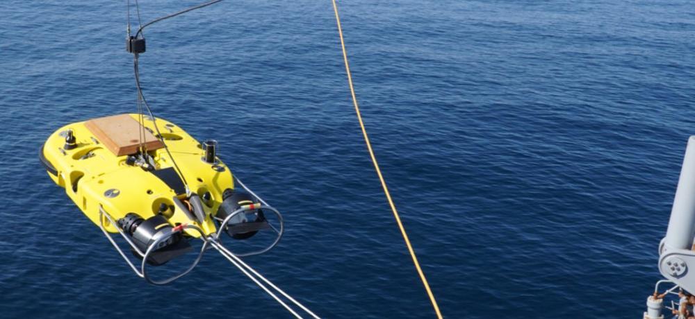 HMAS Gascoyne launch remotely operated vehicle, Double Eagle, to search for a simulated mine during an annual live Mine Disposal Charge firing,