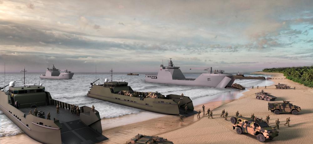 Landing Craft Medium and Heavy vessels conducting a beach landing.