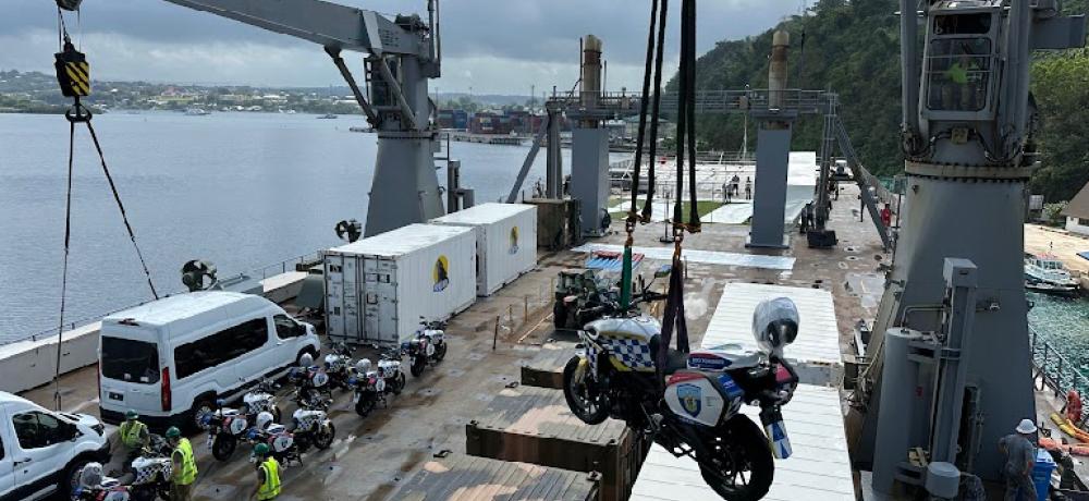 Vanuatu Police Force motorcycles on HMAS Choules,  