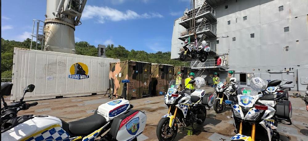 Vanuatu Police Force motorcycles on HMAS Choules,  