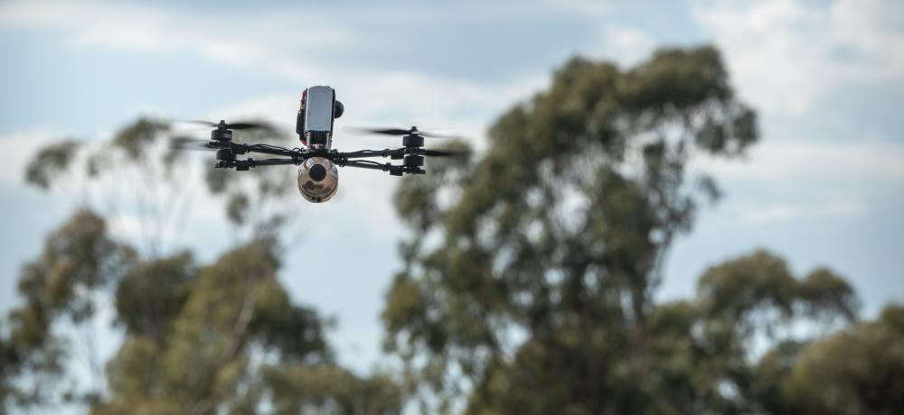 A drone operated by an Australian Army soldier, conducts low-level manoeuvres during the Modify and Operate Attack Drone (FPV) Course