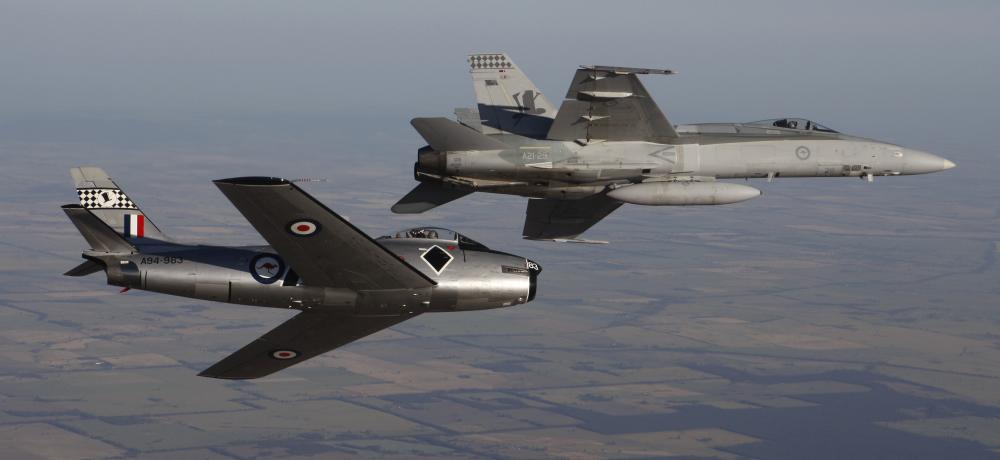 F/A-18 Hornet and Sabre over Temora. 