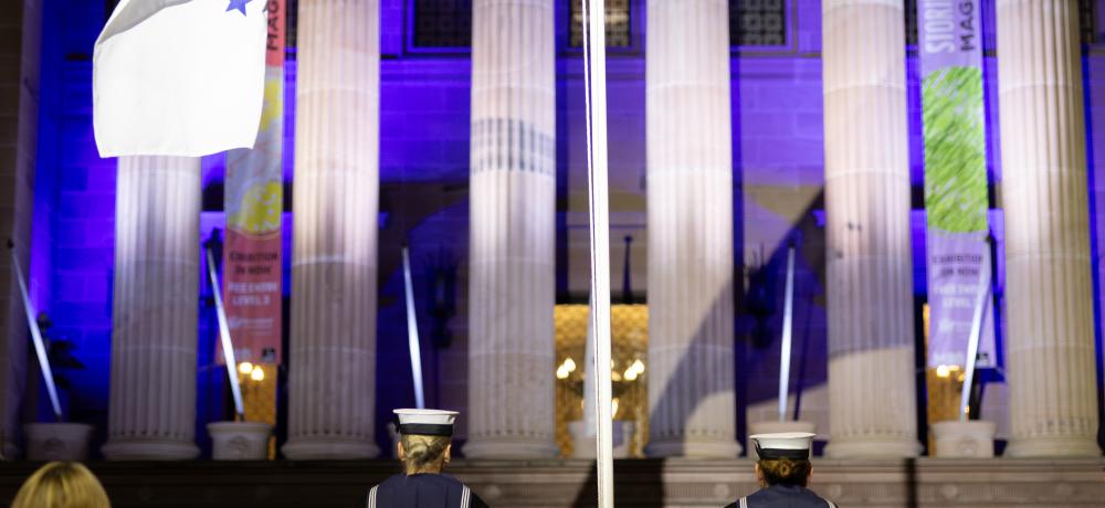 Royal Australian Navy sailors from HMAS Moreton, conducting Beat to Quarters at King George Square, Brisbane, QLD.
