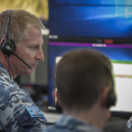 Royal Australian Air Force Commander of the Control and Reporting Centre, Squadron Leader Ivan Saunders monitors a screen inside the Nevada Test and Training Range facility during Exercise Red Flag 19-1 at Nellis Air Force Base, Nevada, USA.