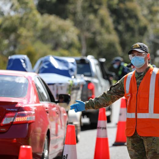 Australian Defence Force member Craftsman Max Lukins supports Victoria Police at a Vehicle Checkpoint on the border of Melbourne’s metropolitan area, to assist in the Victorian State Government’s efforts in keeping COVID-19 out of regional Victoria.