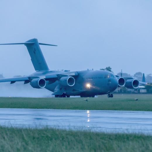 A Royal Australian Air Force C-17 Globemaster III aircraft prepares to depart RAAF Base Richmond in New South Wales loaded with military assistance bound for Ukraine.